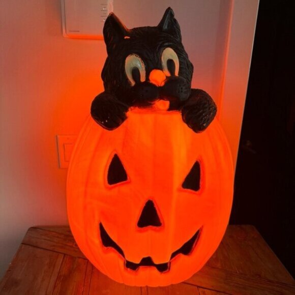 Vintage 90s Halloween Blow Mold Pumpkin Black Cat Jack-O-Lantern - Picture 15 of 15